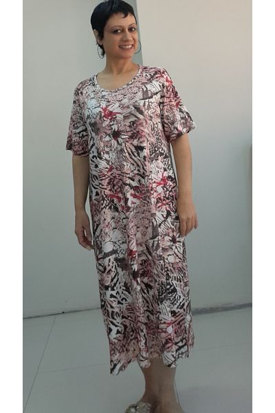 Mertcan Butik Black Red Ecru Print Short-Sleeved Combed Cotton Viscose Dress