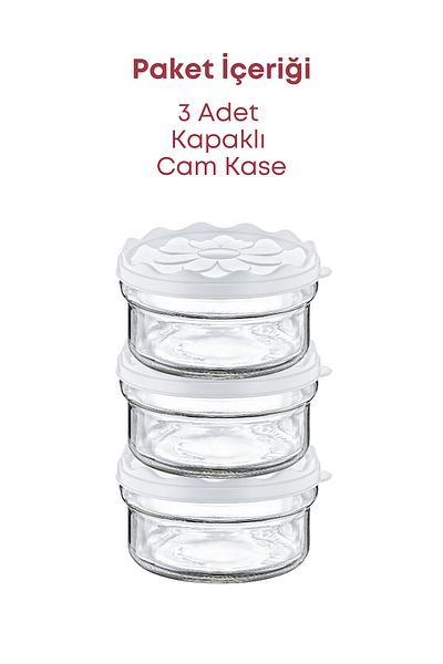 GRİMOR Life White Daisy Patterned - 3-Piece Breakfast Glass Bowl with Plastic Lid 415 Cc