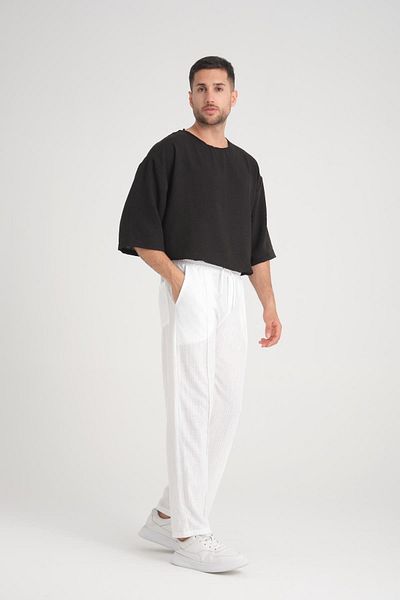 Valiberta Comfortable Molded Elastic Waist Plain Patterned Baggy Cotton Trousers - White