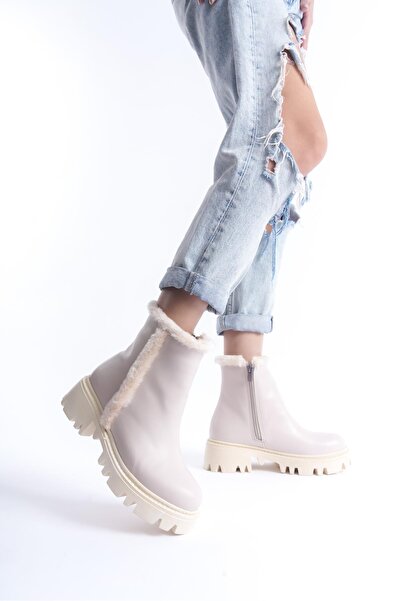 CZ London Kadın Fermuarlı Günlük Bot Kalın Tırtık Taban Kürk Detaylı Kışlık Ayakkabı