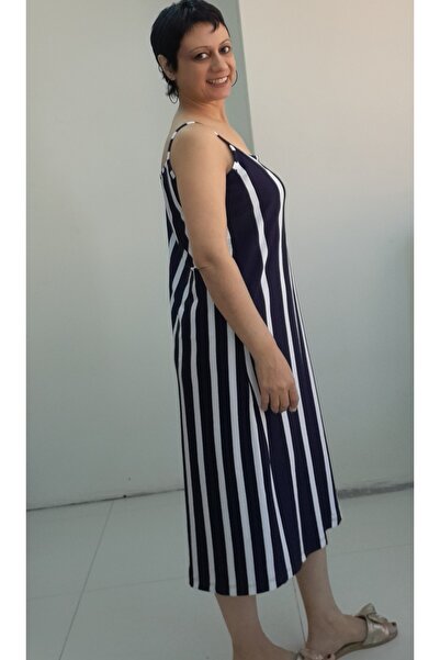 Mertcan Butik Μπλε μπλε λευκό ριγέ φόρεμα βισκόζης με λουράκι