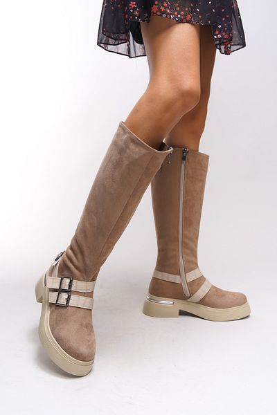 Riccon Γυναικείες μπότες Kerrurth Beige Suede - Λεπτομέρεια με αγκράφα, 00123310