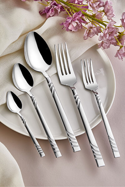 Kısmet Zagori 30 Piece Boxed Patterned 6 Person Steel Flat Fork Spoon Set Set