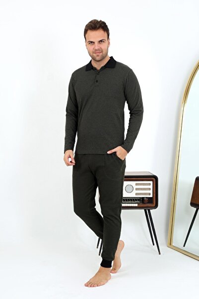 Mestore Moda Çizgi Men's Polo Collar Long Sleeve Combed Cotton Pajama Set 686...