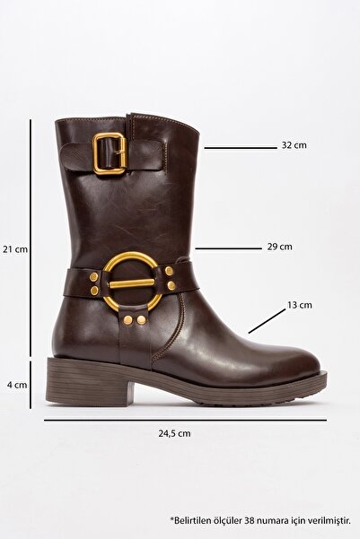 LuviShoes FİES Kahve Cilt Tokalı Fermuarlı Kadın Bot