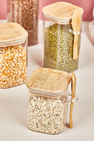 Saatistan Bambu kapaklı, vakumlu, kaşıklı cam kavanoz seti, erzak ve bakliyat saklama için ideal