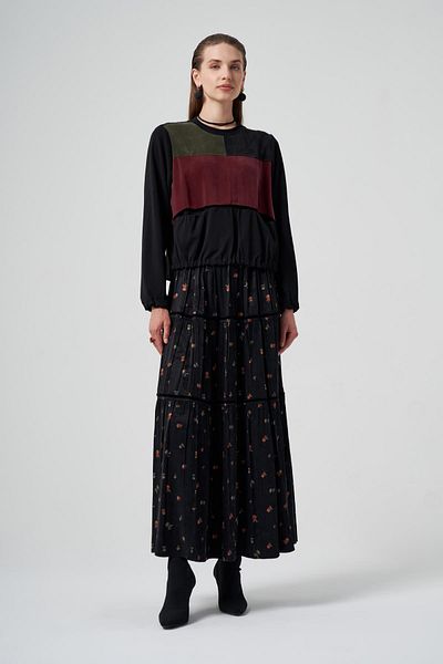 MissWhence Cupro Silk Patchwork Detail Skirt Blouse Set