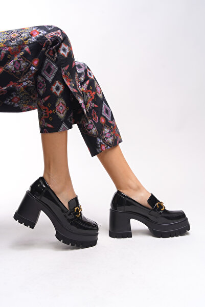 Riccon Ivofaelor Чорні шкіряні жіночі лофери на підборах - 00121520