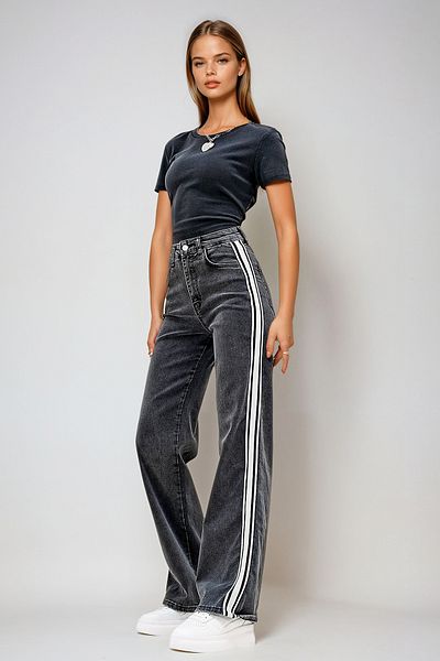 VAGGON Women's Anthracite 5-Pocket Washed Stripe Detailed Mom Jeans Prm1277