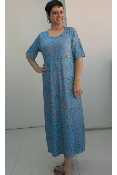 Mertcan Butik Φόρεμα μπλε καπνιστό μοτίβο κοντομάνικο χτενισμένο βισκόζη