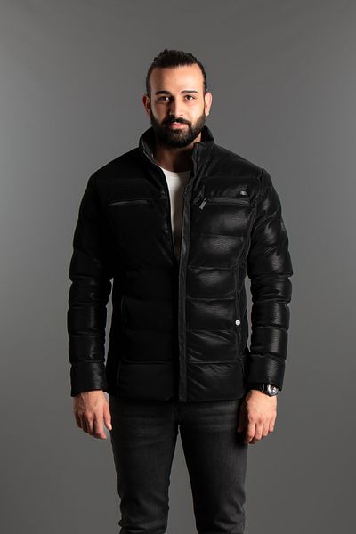 JR9 Men's Black Stand Collar Imported Leather Coat 5581