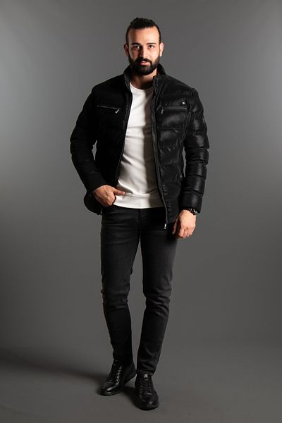 JR9 Men's Black Stand Collar Imported Leather Coat 5581