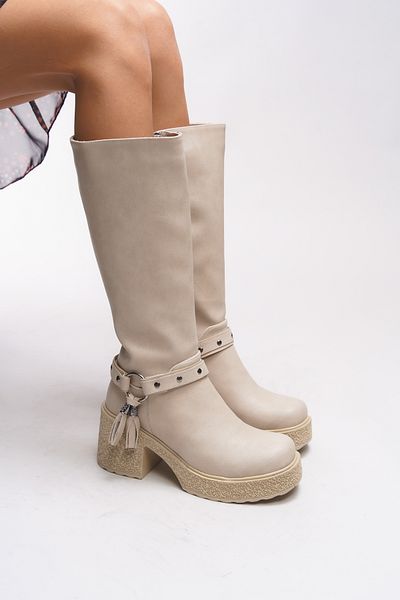 Riccon Γυναικείες μπότες με τακούνι Olvirth Beige - 00122240   Δέρμα με υφή