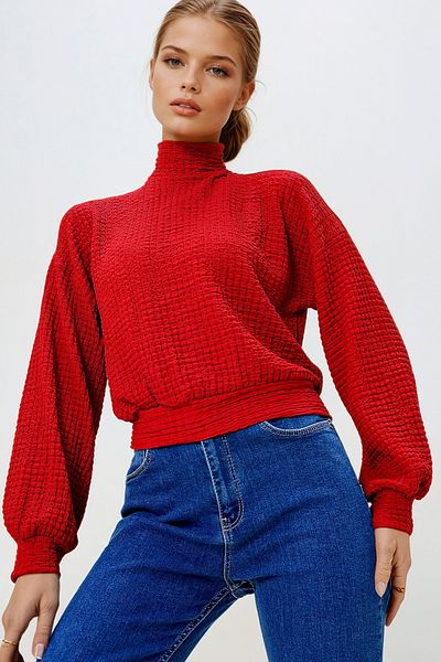 VAGGON Women's Red Women's Red Half Turtleneck Wrap Crop Blouse Prm1274 Prm1274