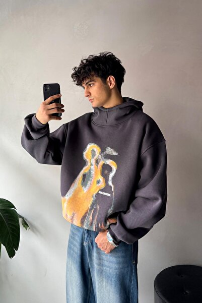 Flaw Wear هودي أنثراسايت كبير الحجم مطبوع عليه البشر