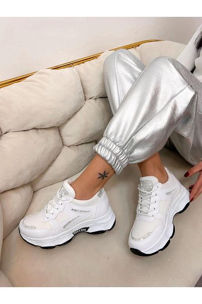 ERVANIN BUTİĞİ White Leather (Leo) Leopard Detailed Women's Lace-up Sneakers