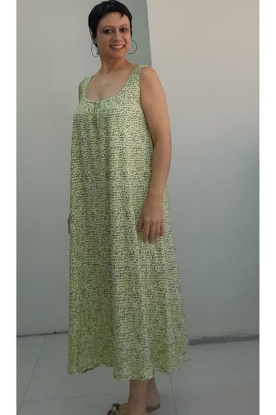 Mertcan Butik Yellow Green Printed Front and Back Drawstring Combed Cotton Viscose Dress