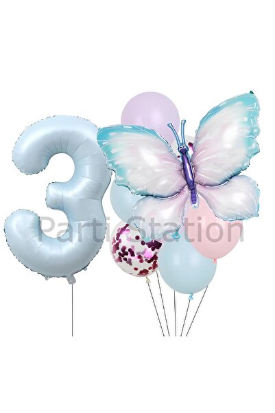 Parti Station Pembe Mavi Kelebek 3 Yaş Balon Set Kelebek Konsept Doğum Günü B...