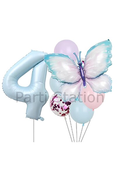 Parti Station مجموعة بالونات عيد ميلاد على شكل فراشة باللون الوردي والأزرق بع...