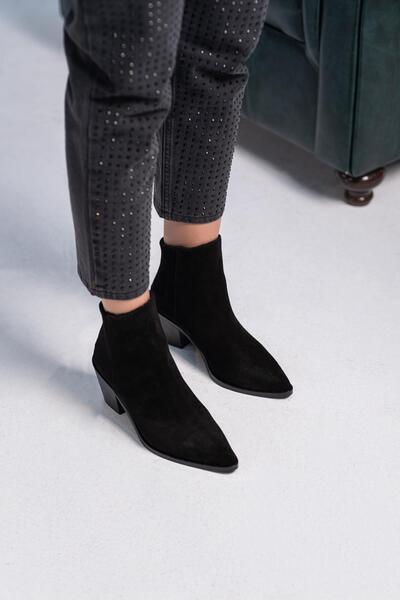 FSKOMBİN Jesus Kadın Siyah Süet Hakiki Deri Kalın Topuklu Bot