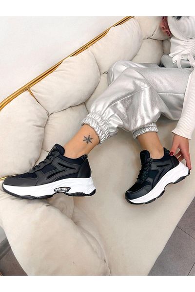 ERVANIN BUTİĞİ Black Leather (Leo) Leopard Detailed Women's Lace-up Sneakers