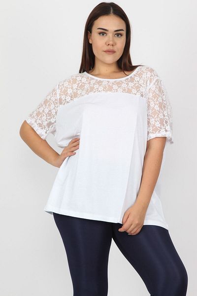 Şans Women's Large Size White Cotton Fabric Lace Detailed Blouse 65n20711