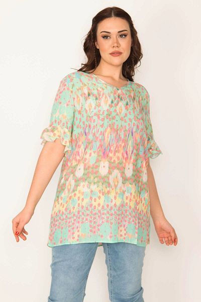 Şans Women's Plus Size Green V-Neck Flounce Sleeve Blouse 65n32088