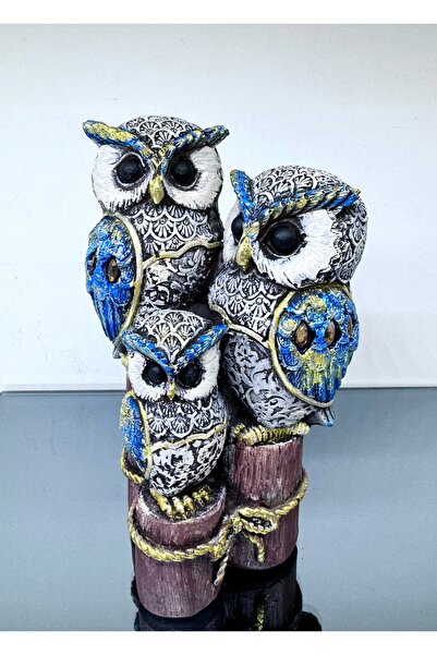 AYCEM Kütükte Üçlü Baykuş Ailesi Polyester Ayna Kristalli Biblo Heykel Ev Ofi...