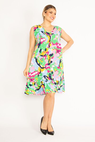 Şans Жіноча сукня з віскозної тканини з V-подібним вирізом та кольоровою спід...