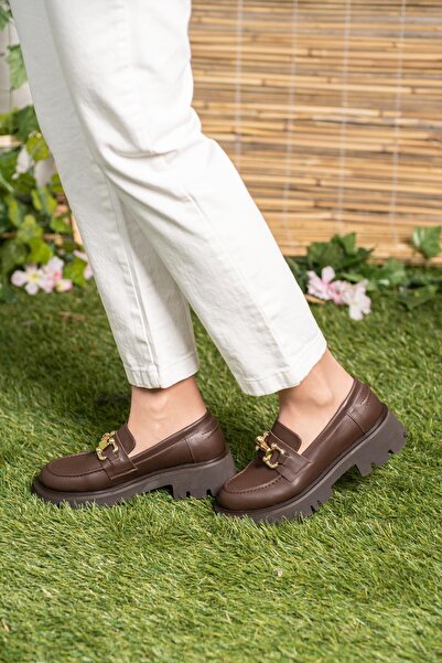 FS KOMBİN COLLECTİON Rosso Acı Kahve Hakiki Deri Toka Detay Kadın Makosen Ayakkabı