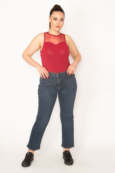 Şans Women's Large Size Navy Blue 5 Pocket Lycra Jean Trousers 65n33004