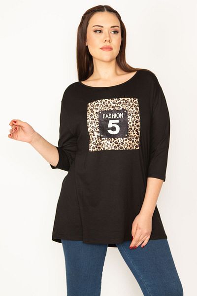 Şans Women's Large Size Black Front Detailed Capri Sleeve Blouse 65n32406