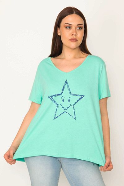 Şans Women's Plus Size Green Stone Printed V-Neck Blouse 65n32097