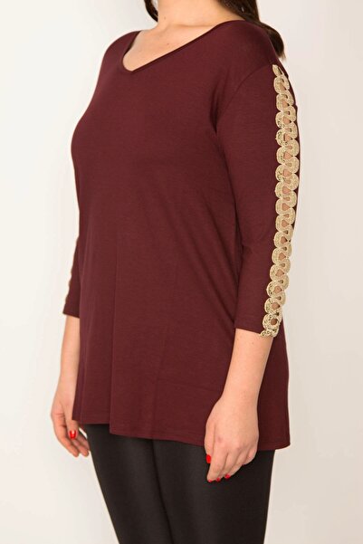 Şans Women's Large Size Claret Red Sleeve Detailed V-Neck Blouse 65n32084