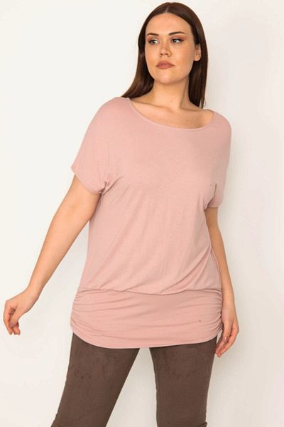Şans Women's Plus Size Powder Hem Gathered Low Sleeve Blouse 65n31967