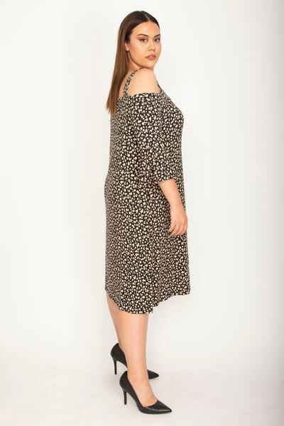 Şans Women's Large Size Black Strappy, Shoulder-Lipped, Sleeve Flounce Viscose Dress 65n26348