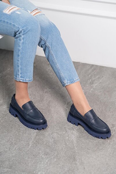 FS KOMBİN COLLECTİON Moena Lacivert Hakiki Deri Kadın Loafer Ayakkabı
