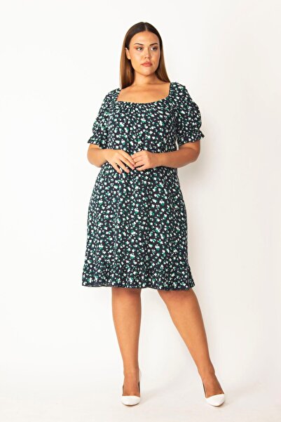 Şans Γυναικείο φόρεμα μεγάλου μεγέθους πράσινου γιακά και μανσέτα ελαστικό floral σχέδιο 65n28132