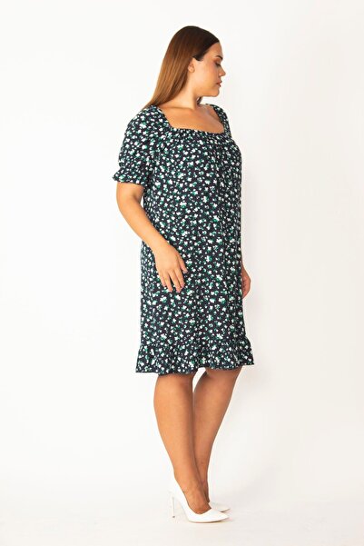 Şans Γυναικείο φόρεμα μεγάλου μεγέθους πράσινου γιακά και μανσέτα ελαστικό floral σχέδιο 65n28132