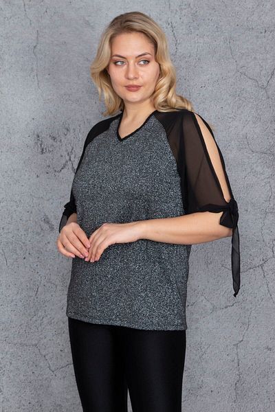 Şans Women's Large Size Black Sleeves Chiffon Sim Detailed Blouse 65n23833