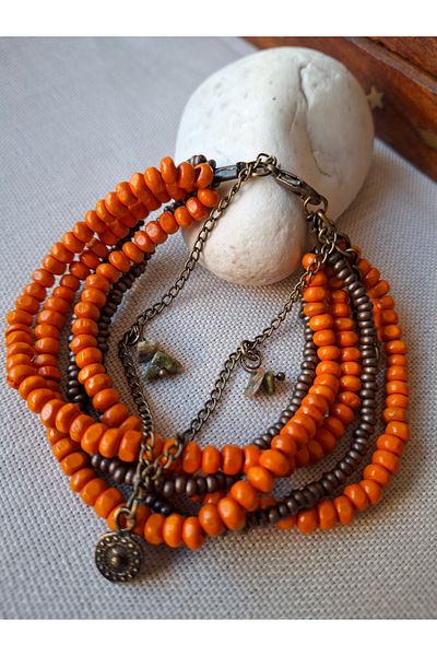 azra takı tasarım Handmade Wooden Tiny Natural Stone Detailed Orange Women's Bracelet