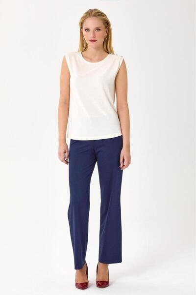 İKİLER Yuvarlak Yaka Tek Omzu Düğme Detaylı Bluz 245-1006