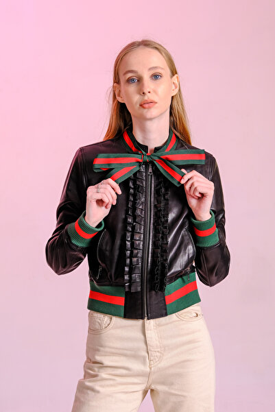 DIVALORE Fırfır İşlemeli Kurdele Yaka Hakiki Deri Kolej Ceket