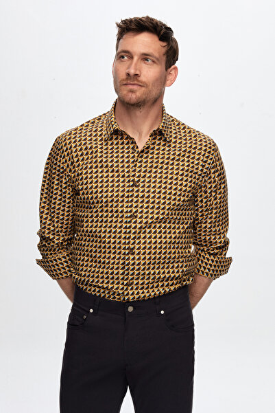 Damat Slim Fit Kahverengi Desenli %100 Pamuk Canclini Gömlek