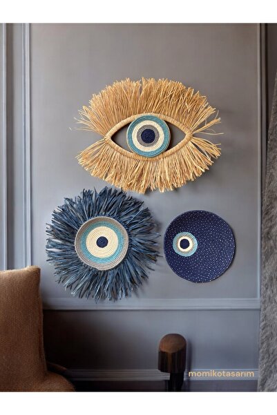 Evil Eye Bead Handmade Wicker Wall Plate Set - Navy