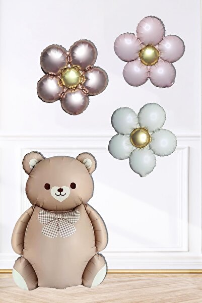 PEKSHOP Retro Ayı ve 3 Retro Papatya Folyo Balon Seti