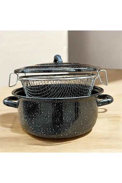 ENASHOP Enamel Chips Fryer Frying Pot with Black Lid - Practical and Convenient