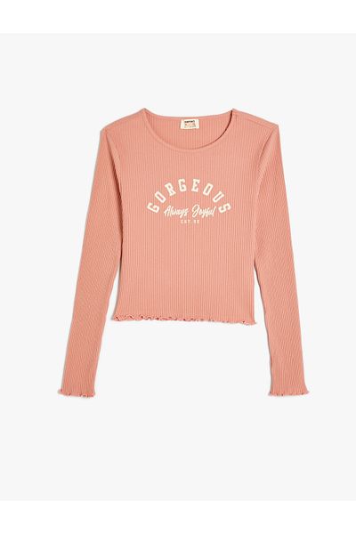 Koton Tricou cu mânecă lungă din bumbac - Gât crew, imprimeu cu slogan, striate