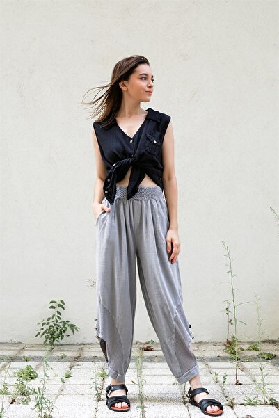 Gils Butik بنطلون كتان رمادي بتفاصيل شبكية