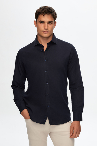 Tween Slim Fit Lacivert Keten Karışımlı Gömlek